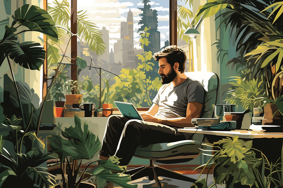 A man in his couch in a lightful room with green plants